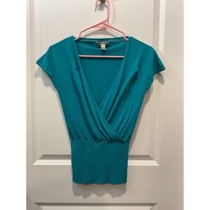 Teal Blue Faux Wrap Top Small V-Neck Women's Shirt Top Short Sleeve